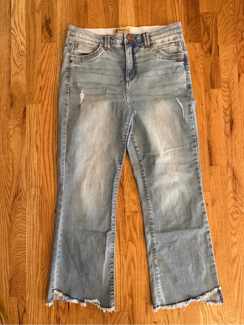 Democracy Light Blue Flare Jeans with Distressed Hem